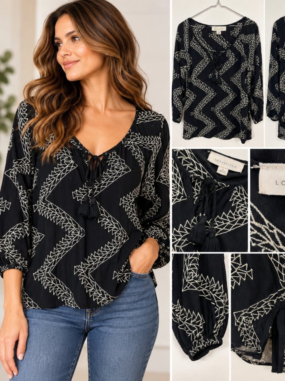 LOVESTITCH Black Ivory Embroidered Boho Tunic Blouse Tassel Tie